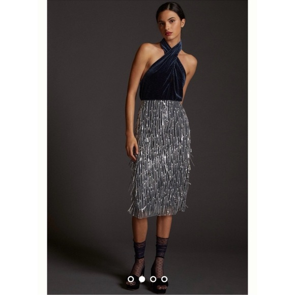 NWT Anthropologie Maeve Sequened Fringe Midi Silver Sequin Skirt Size 2 - Picture 15 of 16